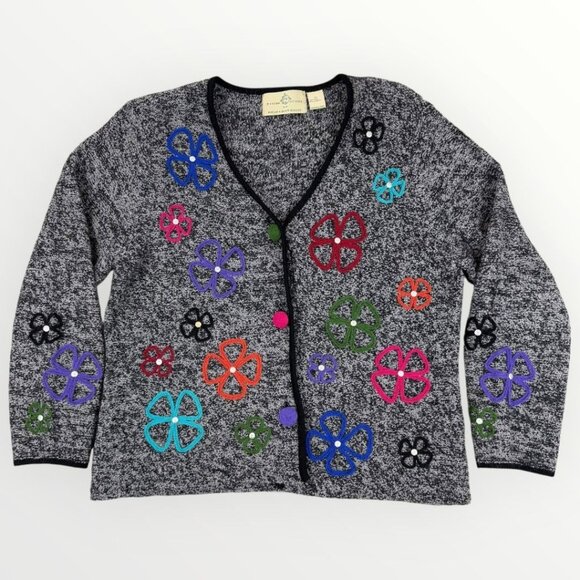 Design Option by Philip & Jane Gordon Womens Wool Knit Sweater Cardigan Flowers